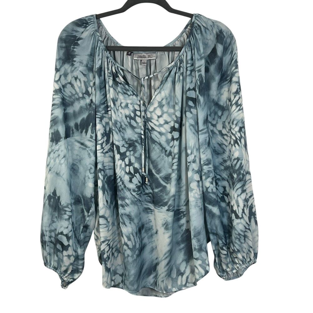 Jennifer Lopez Blue Tie Dye Peasant Blouse Long Balloon Sleeve Size Large Casual